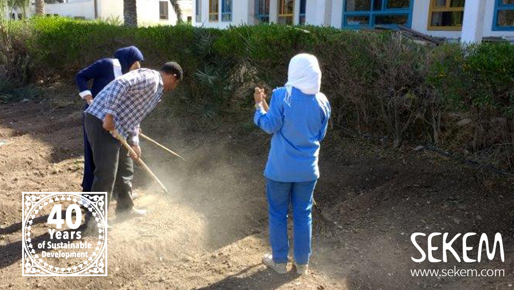 Die Studenten übernehmen Verantwortung für die Pflege des Schulgartens.
